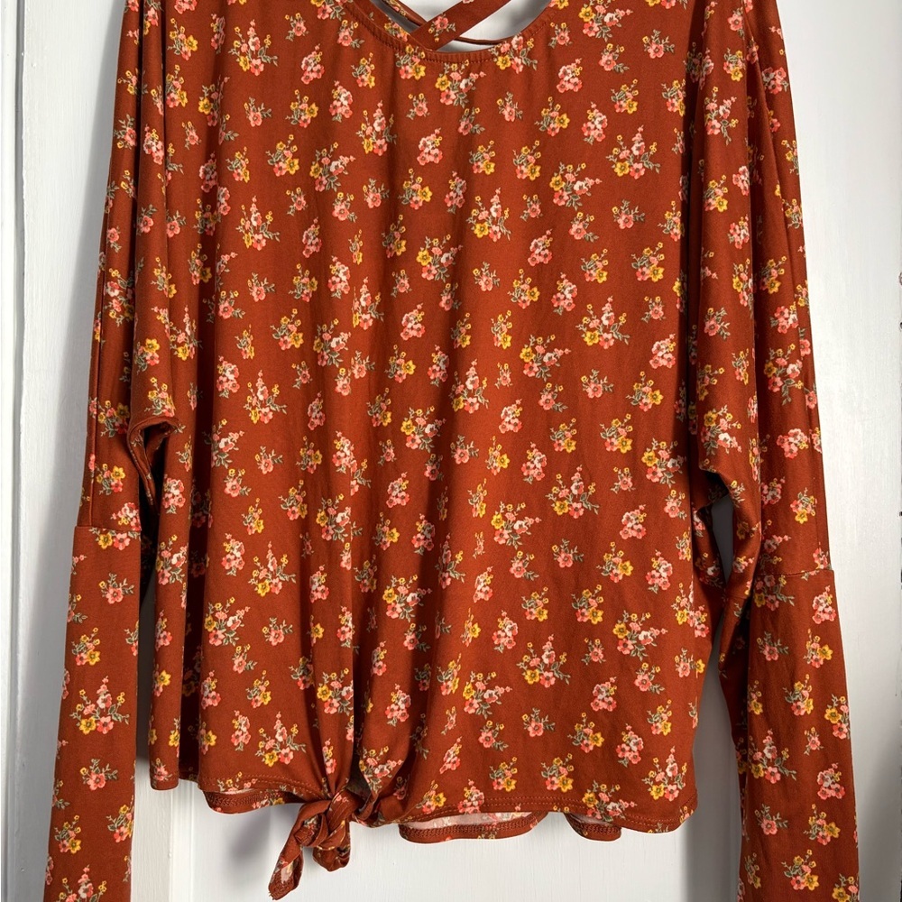 NWT Jr. Iz Byer Rust Floral Front Tie Criss Cross Back Pullover, Sz: XL - Picture 2 of 8